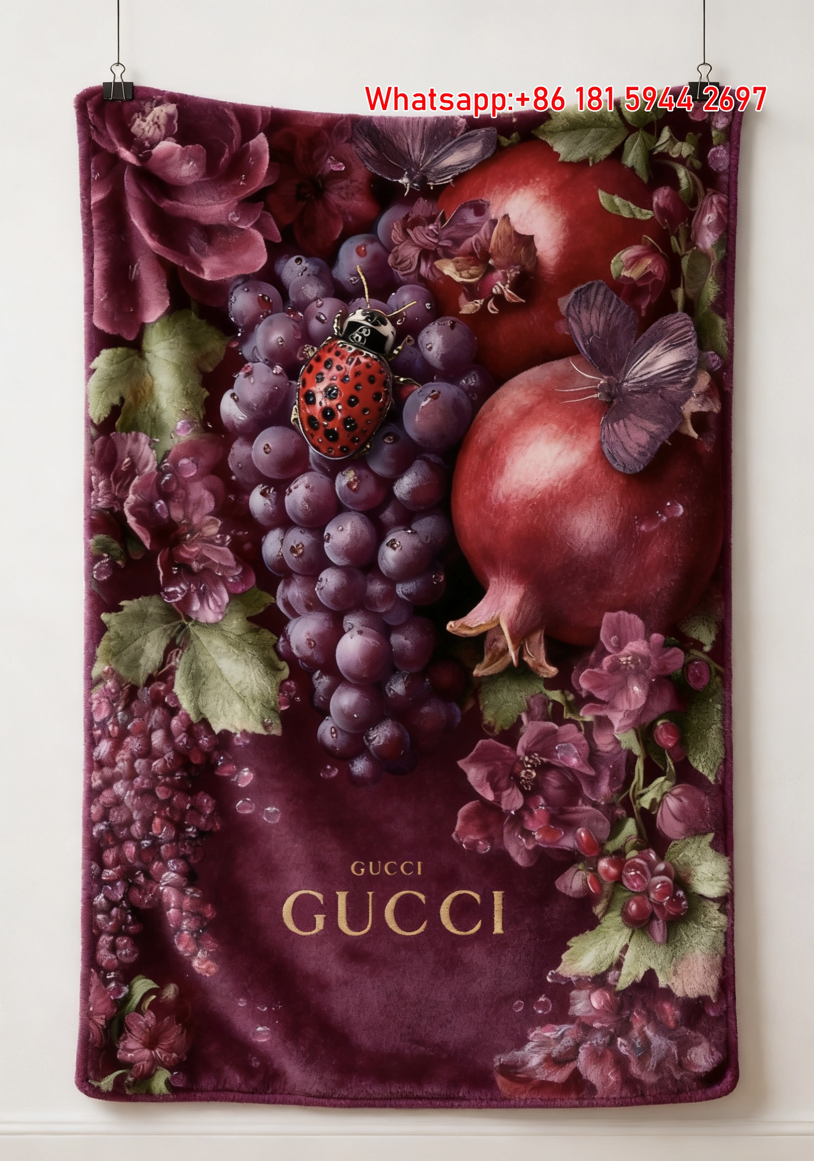 Gucci Burgundy Fruit throw Blanket Luxury Ruby Harvest Tapestry IMG_2758